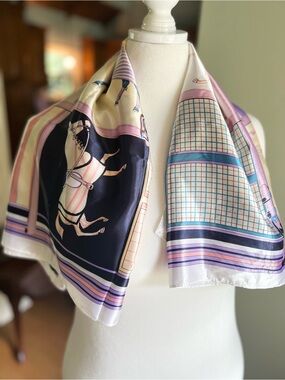 Silky Square Horse Scarf Large Pastel Pink Lavender Navy Preppy Luxe Statement